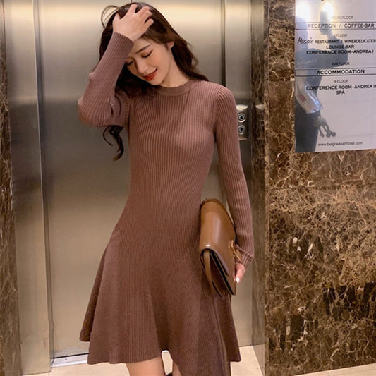 Women Long Sleeve Sweater Dress Sexy Casual Autumn Winter Dress Women O-neck A Line Short Mini Knitted Dresses