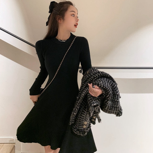 Women Long Sleeve Sweater Dress Sexy Casual Autumn Winter Dress Women O-neck A Line Short Mini Knitted Dresses