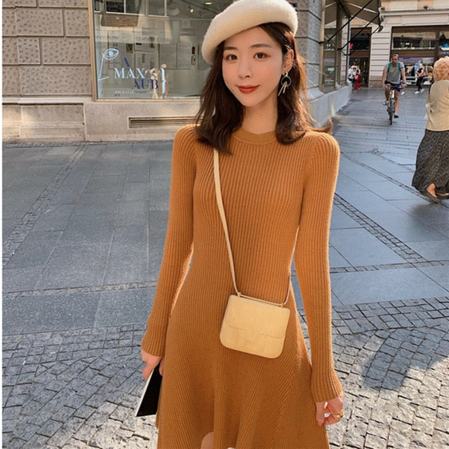 Women Long Sleeve Sweater Dress Sexy Casual Autumn Winter Dress Women O-neck A Line Short Mini Knitted Dresses