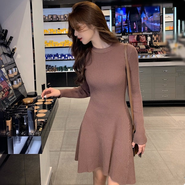 Women Long Sleeve Sweater Dress Sexy Casual Autumn Winter Dress Women O-neck A Line Short Mini Knitted Dresses