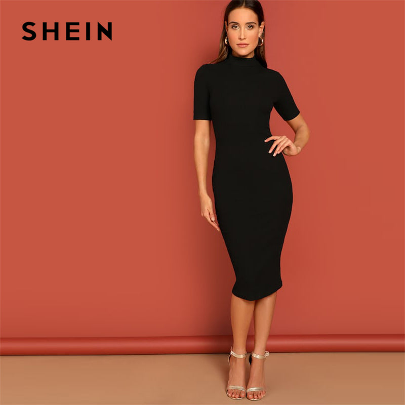 SHEIN Black Mock Neck Rib-knit Pencil Stretchy Knee Length Bodycon Dress Solid Dress Women 2019 Spring Short Sleeve Casual Dress