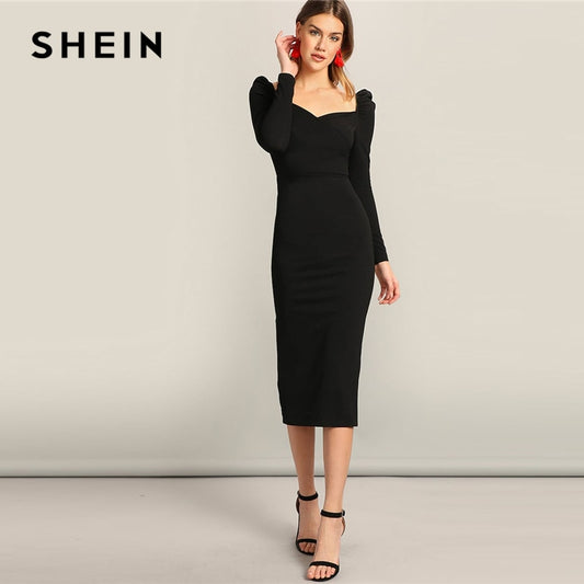 SHEIN Black Surplice Neck Sweetheart Puff Sleeve Split Pencil Plain Bodycon Dress Women Spring Elegant High Waist Dress